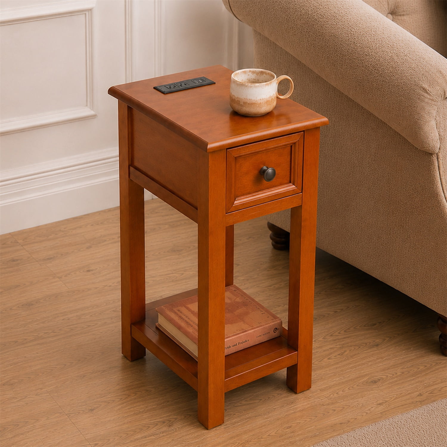 Hommoo Mission Style End Table with Built-in Charging Station, Wood Veneer Side Table with Drawer & Shelf for Living Room, Bedroom, or Small Spaces, Walnut