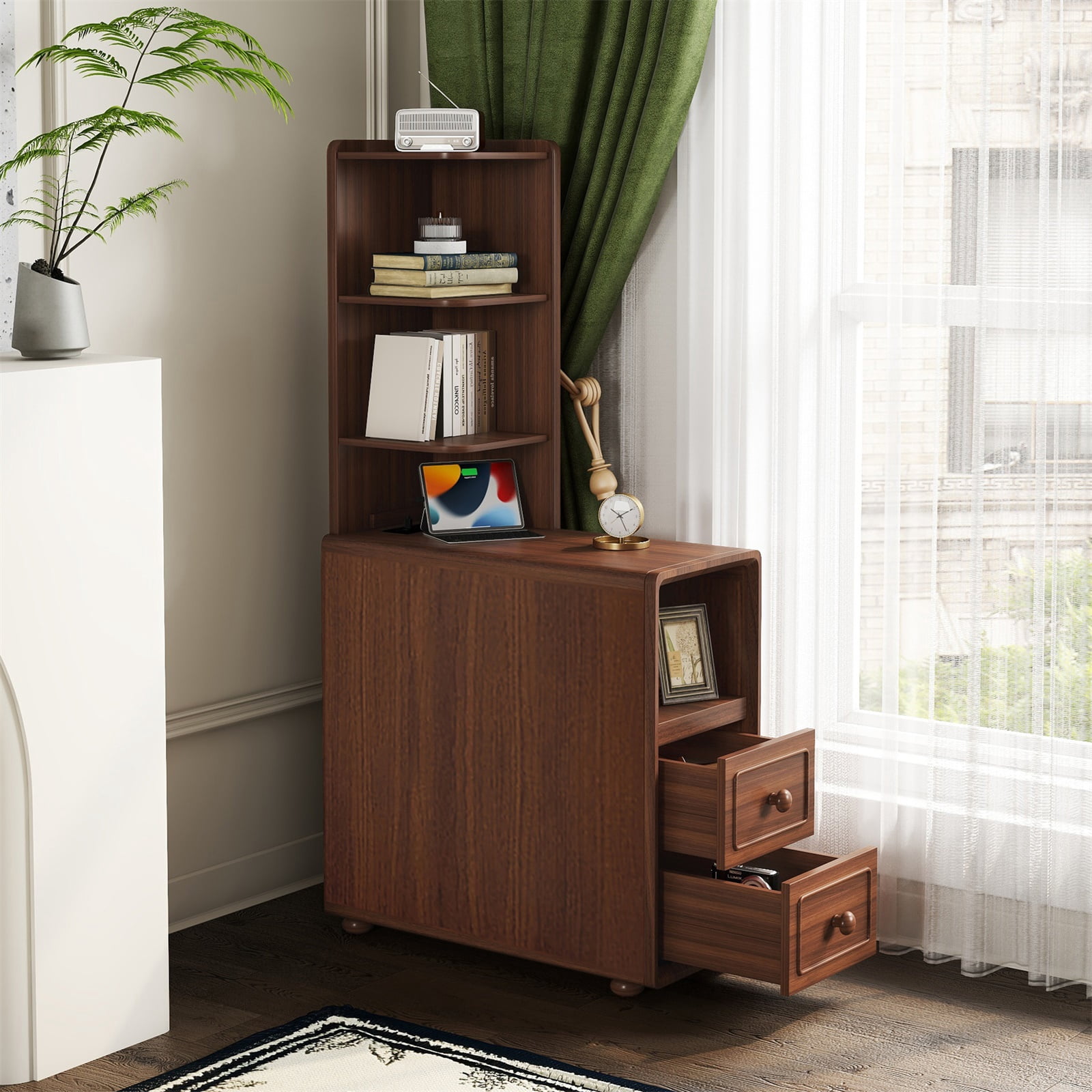 Hommoo Modern 2 Drawer End Table, Storage Corner Table with Open Shelves, Tall Side Table for Bedroom and Corner, Walnut