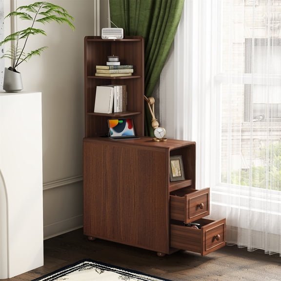 Hommoo Modern 2 Drawer End Table, Storage Corner Table with Open Shelves, Tall Side Table for Bedroom and Corner, Walnut