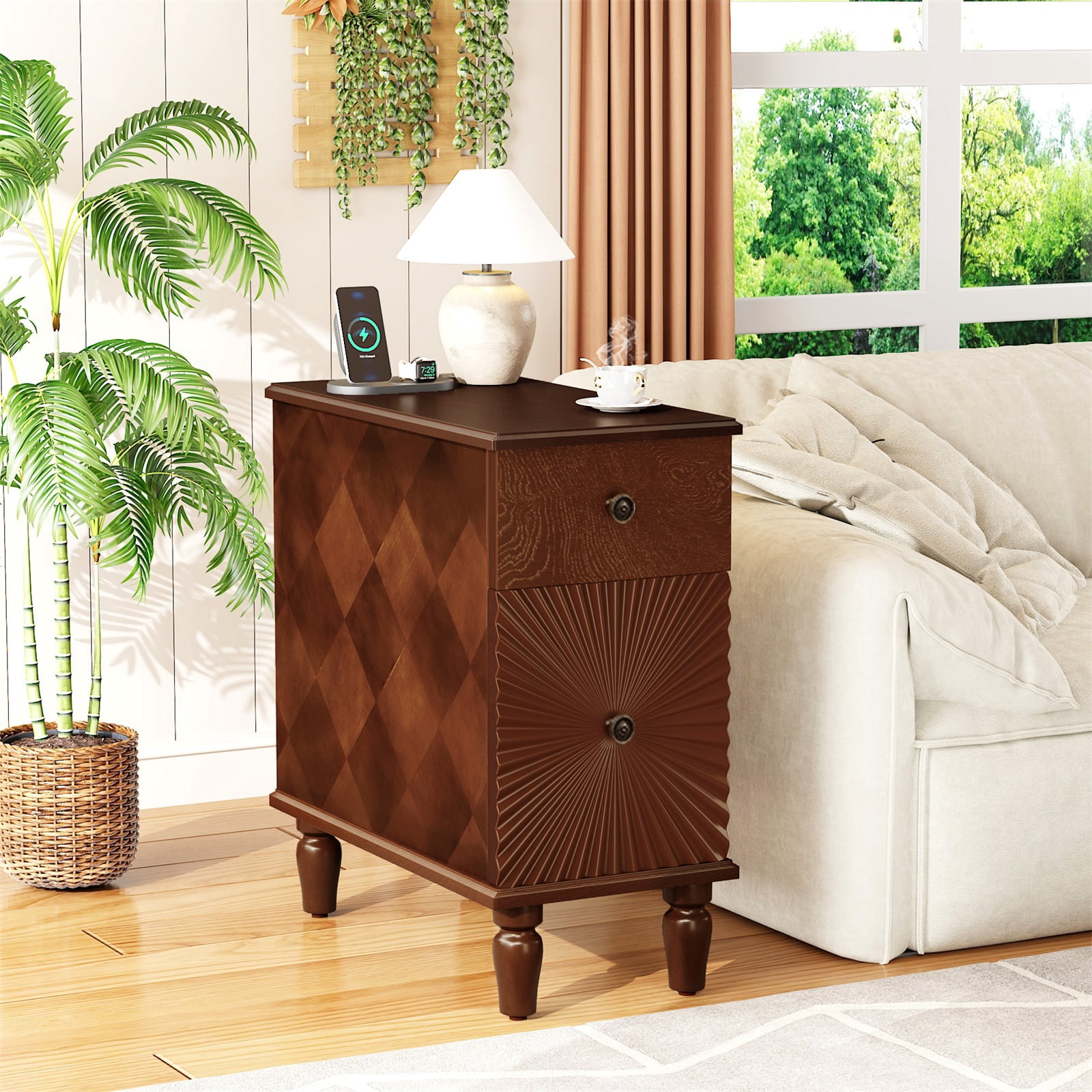 Hommoo Modern 2 Drawer Sofa Side Table, Narrow End Table Nightstand for Living Room, Bedroom, Walnut