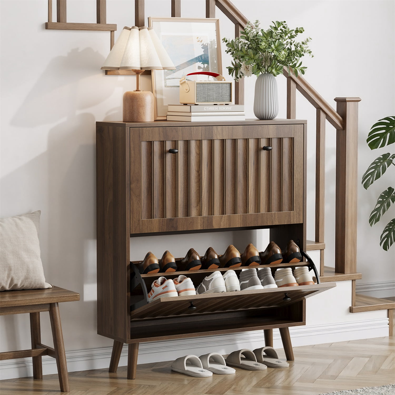 Hommoo Modern 2 Flip Drawers 31.5" Shoe Cabinet with Vertical Grooved Finish and Solid Wood Legs, Storage Shoe Cabinet for Hallways, Walnut