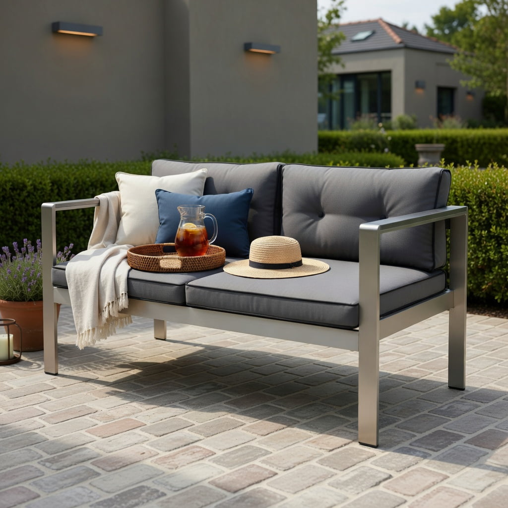 Hommoo Modern 2-Person Aluminum Outdoor Sofa Chair with WPC Armrests, Cushions & Silver Frame, All-Weather Balcony, Patio, Backyard Seating, Gray
