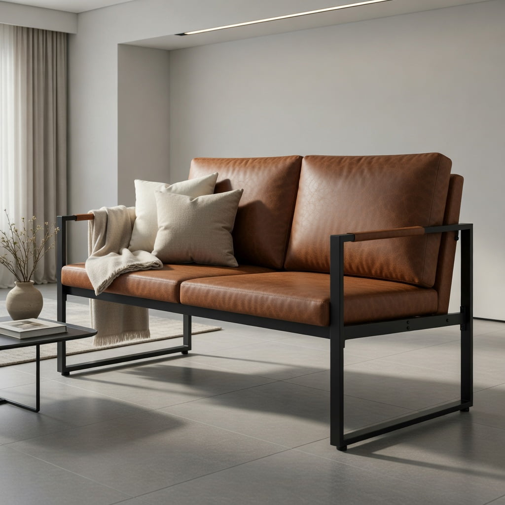 Hommoo Modern 2-Seater Loveseat Sofa in Brown PU Leather, Compact Small Couch for Living Room, Office & Guest Space, Brown