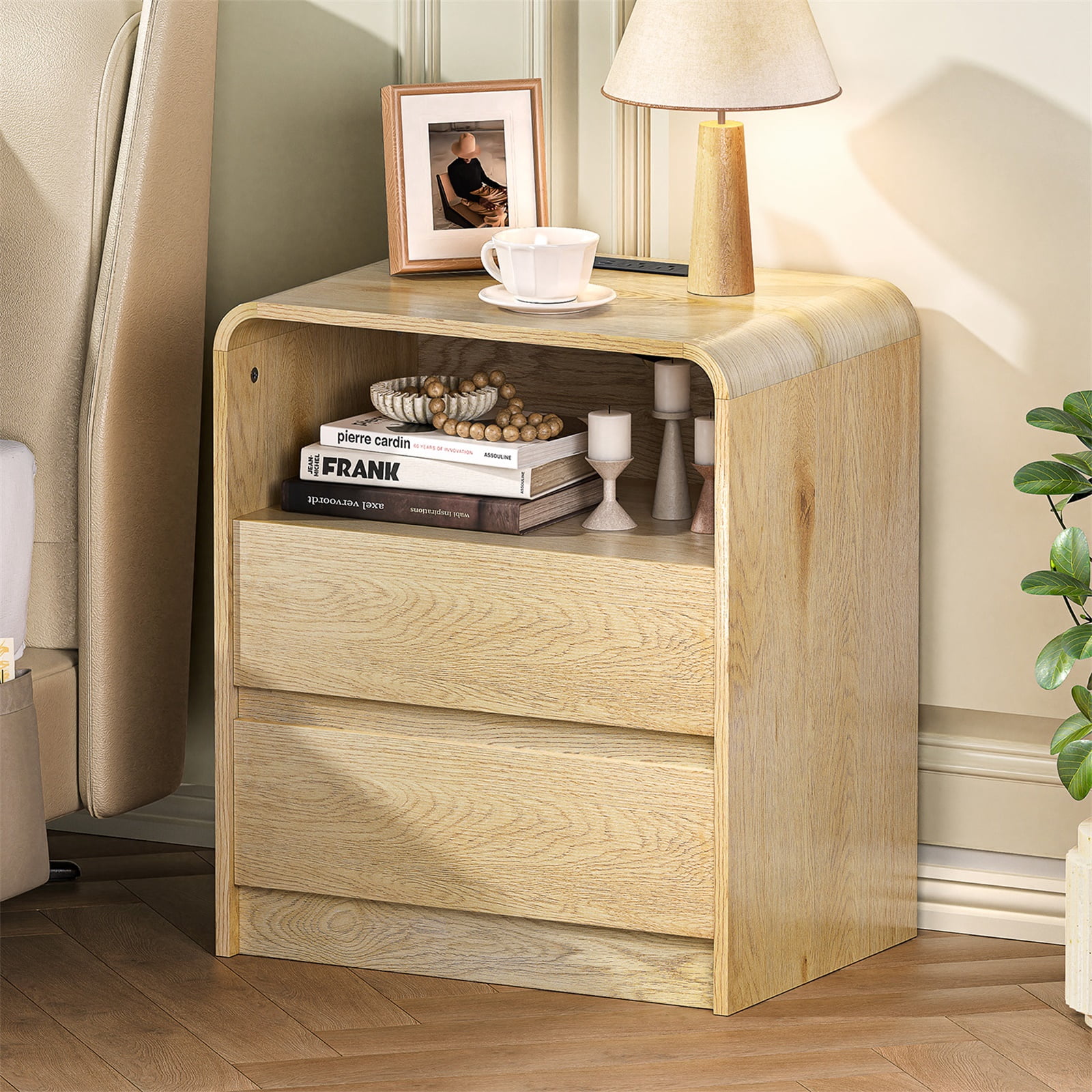 Hommoo Modern 25" Wood Nightstand with Built-in Charging Station, 2-Drawer Mid-Century Bedside Table with 2 AC Outlets & 2 USB Ports, Natural
