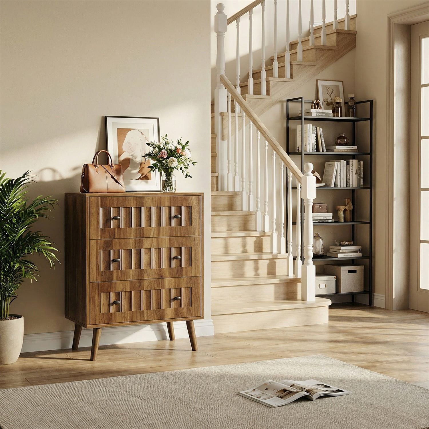 Hommoo Modern 3-Drawer Dresser, Wooden Dresser Storage Cabinet Chest of Drawers, for Living Room, Bedroom, Walnut