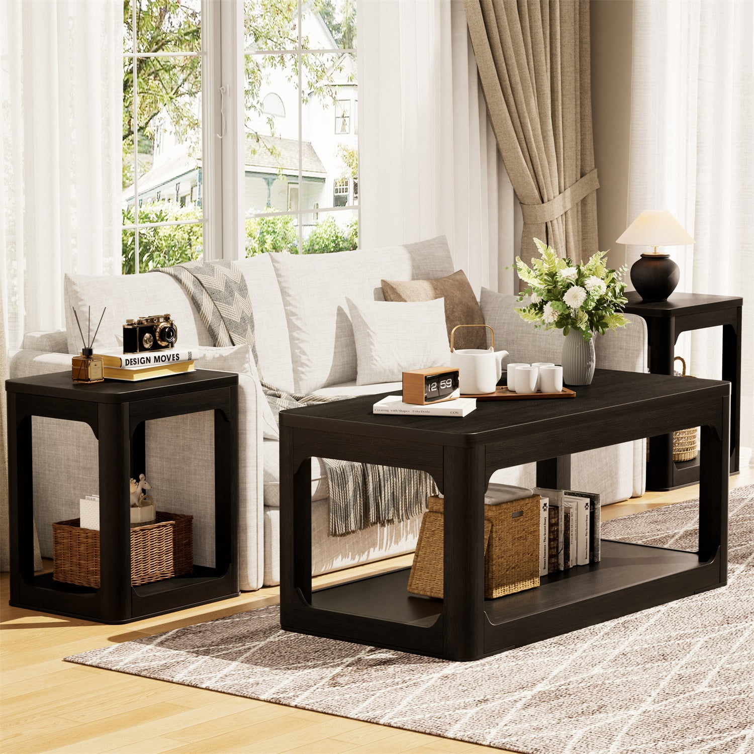 Hommoo Modern 3-Piece Coffee Table Set with Storage, Contemporary Living Room Furniture Set Including Coffee Table + 2 Side Tables, Matte Finish, Easy Assembly, Black