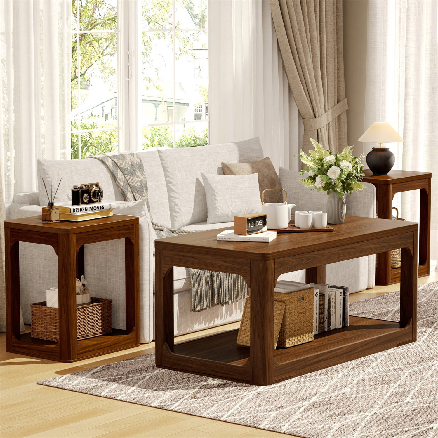 Hommoo Modern 3-Piece Coffee Table Set with Storage, Living Room Coffee Table + 2 Side Tables, Rounded Edges, Easy Assembly, Walnut
