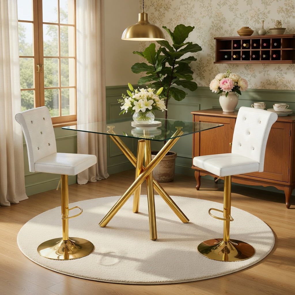 Hommoo Modern 3-Piece Glass Bar Table Set with Adjustable Swivel Bar Stools, Chrome Frame & PU Leather, Counter Height for Kitchen Island, Home Bar & Small Spaces, White & Gold