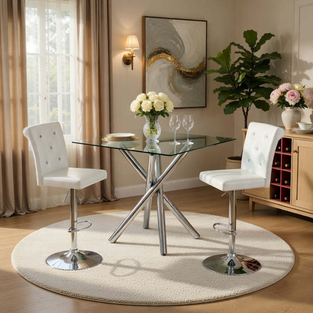 Hommoo Modern 3-Piece Glass Bar Table Set with Adjustable Swivel Bar Stools, Chrome Metal Frame, PU Leather Seating, Compact Counter Height Design for Kitchen Island, Home Bar, White & Sliver