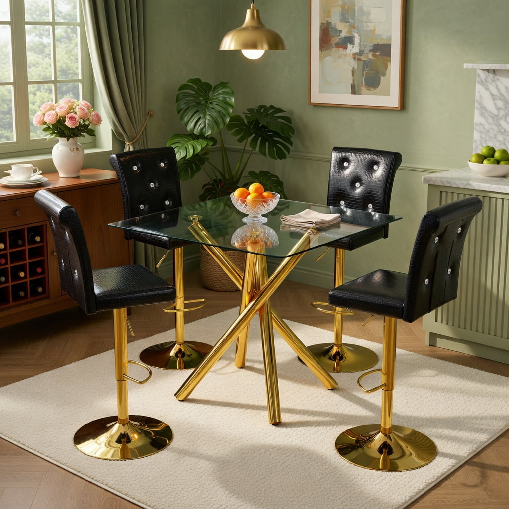 Hommoo Modern 3-Piece Glass Bar Table Set with Adjustable Swivel Bar Stools, Chrome X-Base & PU Leather, Counter Height for Kitchen Island, Home Bar & Small Spaces, Black & Gold