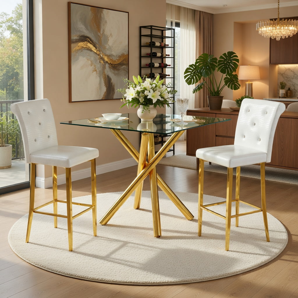 Hommoo Modern 3-Piece Glass Bar Table Set with Chrome Legs & PU Leather Stools, Contemporary Counter Height Pub Table for Kitchen Island, Home Bar, Small Spaces, White & Gold