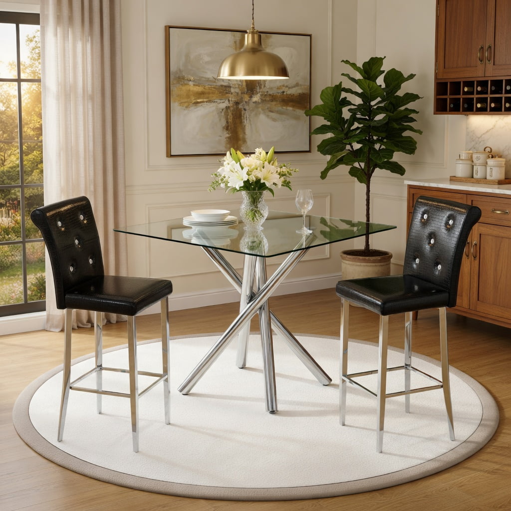 Hommoo Modern 3-Piece Glass Bar Table Set with Chrome X-Base & PU Leather Counter Height Stools, Contemporary Kitchen Island or Home Bar Solution for Small Spaces, Black & Sliver
