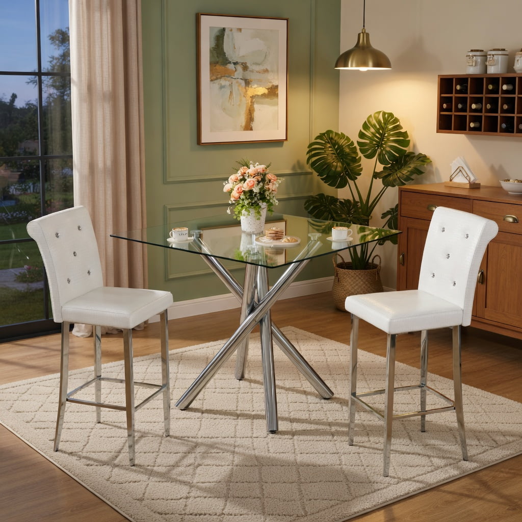 Hommoo Modern 3-Piece Glass Bar Table Set with Chrome X-Base & PU Leather Counter Height Stools, Contemporary Kitchen Island or Home Bar Solution for Small Spaces, White & Sliver