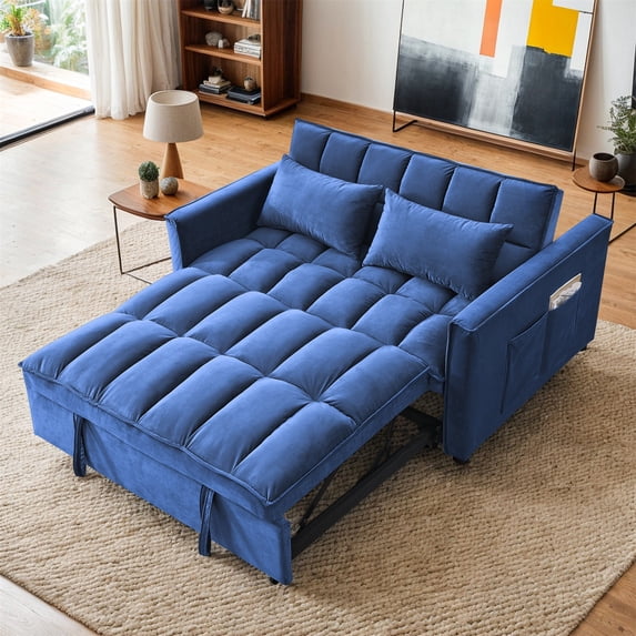 Hommoo Modern 3 in 1 Convertible Sleeper Sofa Bed, Pull Out Loveseat Couch Futon Sofa Bed with 3-Level Adjustable Back, Blue