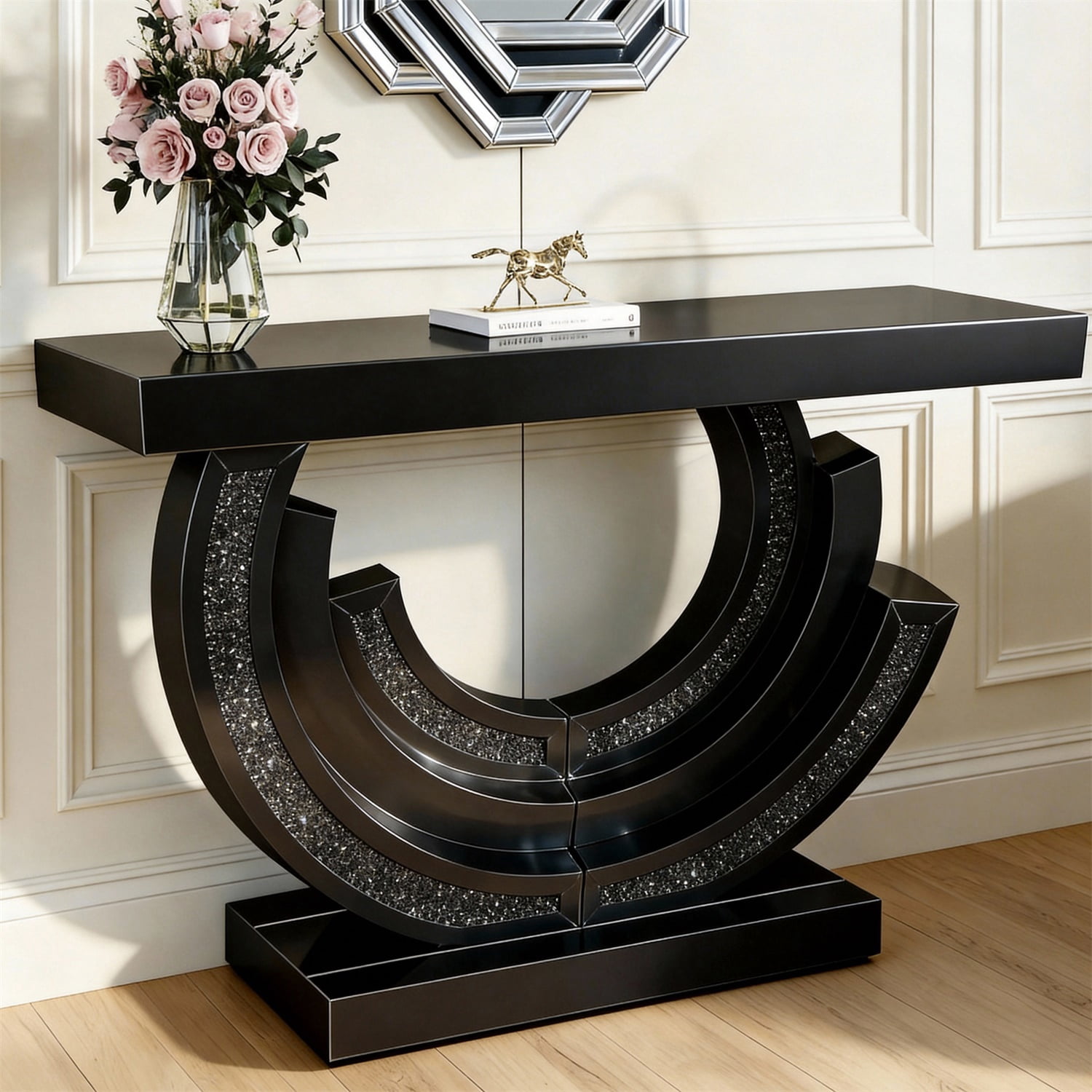 Hommoo Modern 3C-Shaped Mirrored Glass Crescent Console Table with Crushed Diamond Inlay, Entryway Living Sofa Table, Black