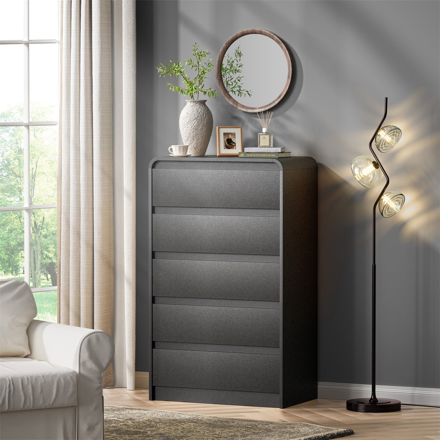 Hommoo Modern 5-Drawer Tall Dresser for Bedroom, Engineered Wood Chest of Drawers, Curved Mid-Century TV Stand & Storage Unit, 45" Space-Saving Design for Small Spaces, Black