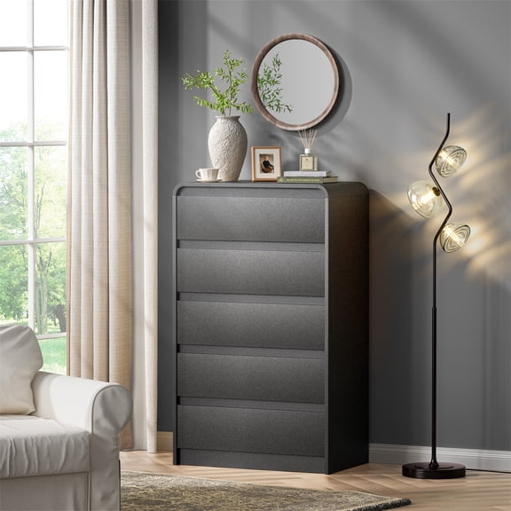 Hommoo Modern 5-Drawer Tall Dresser for Bedroom, Engineered Wood Chest of Drawers, Curved Mid-Century TV Stand & Storage Unit, 45" Space-Saving Design for Small Spaces, Black