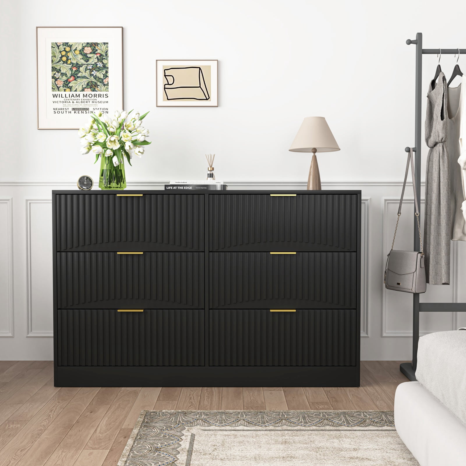 Hommoo Modern 6-Drawer Wavy Patterns Dresser Storage Cabinet Credenza, Chest of Drawers for Bedroom, Living Room, Hallway, and Entryway, Black