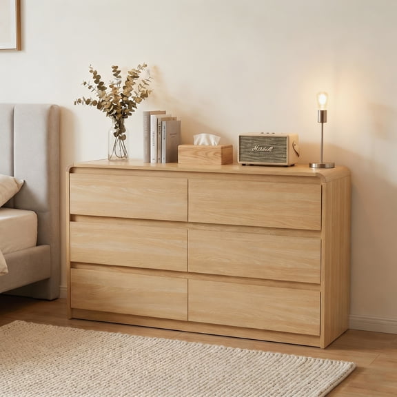 Hommoo Modern 6 Drawers Dresser for Bedroom with Spacious Countertop, Wooden Dressers Storage Cabinet with Concealed Handles & Rounded Corner Design, for Bedroom,Living Room, Natural