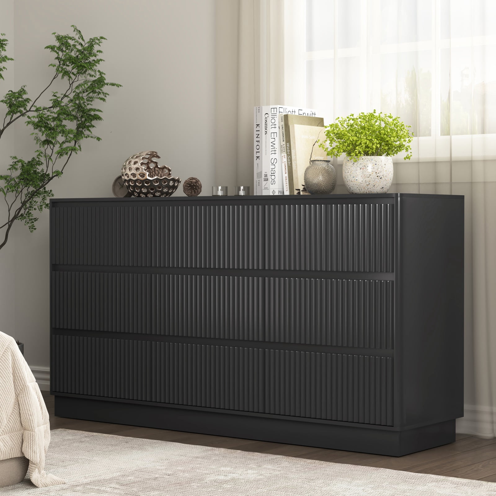 Hommoo Modern 9-Drawer Wood Dresser, Fluted Chest of Drawers, Multifunctional Storage Cabinet Credenza Side Table, Black