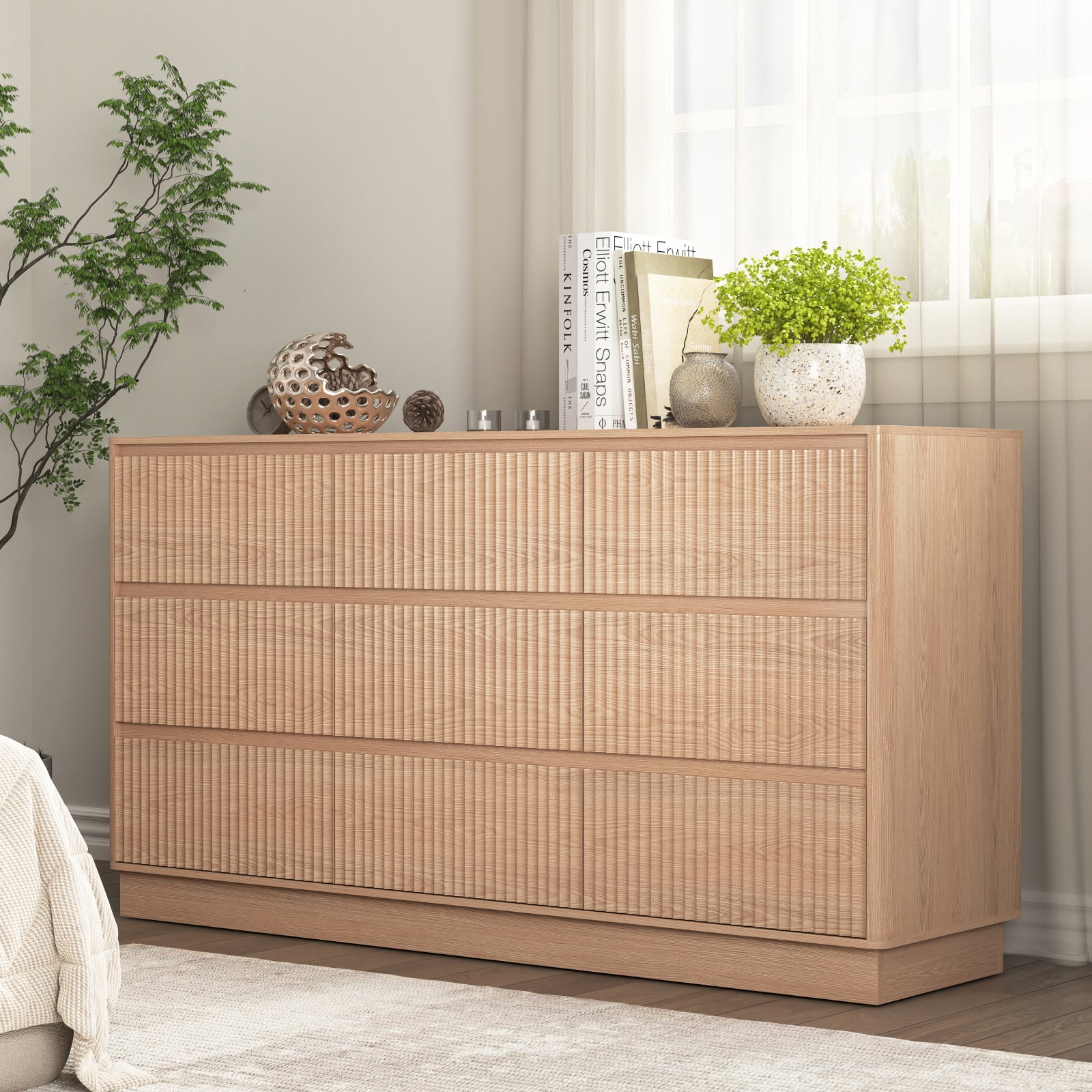 Hommoo Modern 9-Drawer Wood Dresser, Fluted Chest of Drawers, Multifunctional Storage Cabinet Credenza Side Table, Natural