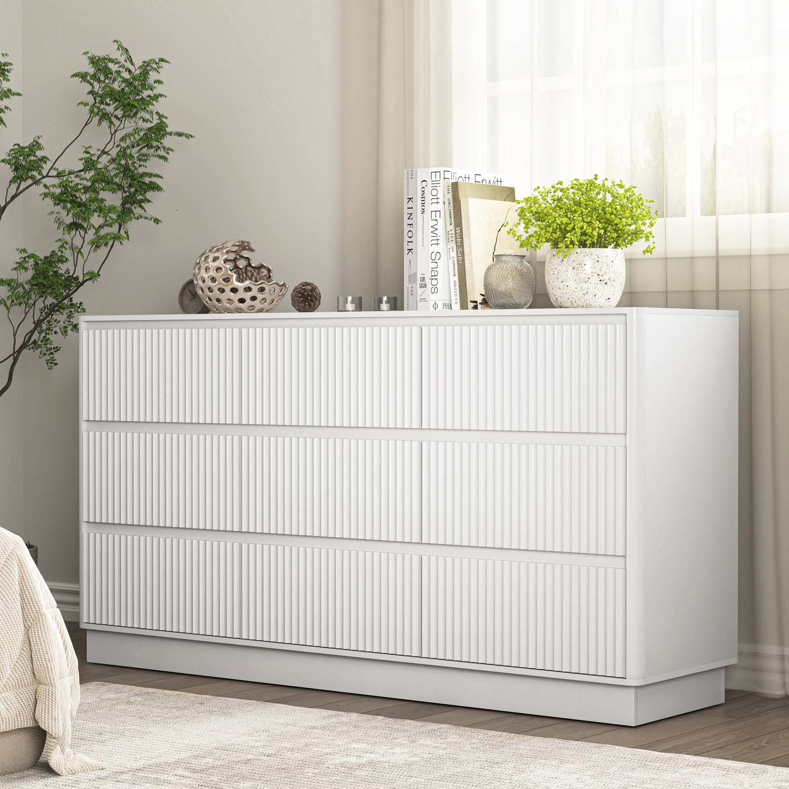 Hommoo Modern 9-Drawer Wood Dresser, Fluted Chest of Drawers, Multifunctional Storage Cabinet Credenza Side Table, White
