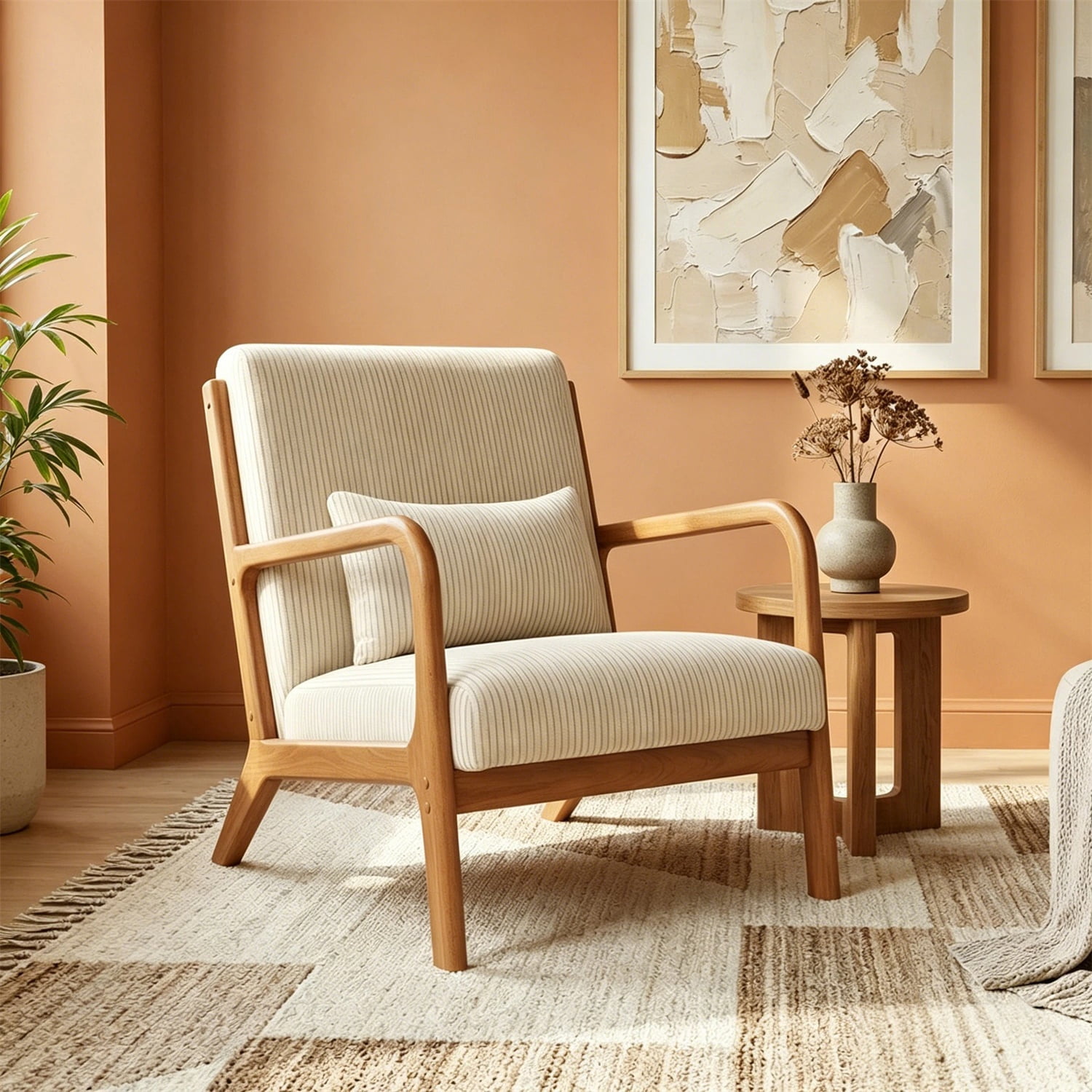 Hommoo Modern Accent Chair, Striped Corduroy Fabric Arm Chair with Solid Wood Frame, Upholstered Comfy Reading Chair for Home, Beige