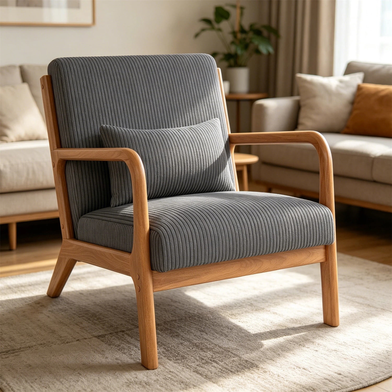Hommoo Modern Accent Chair, Striped Corduroy Fabric Arm Chair with Solid Wood Frame, Upholstered Comfy Reading Chair for Home, Gray