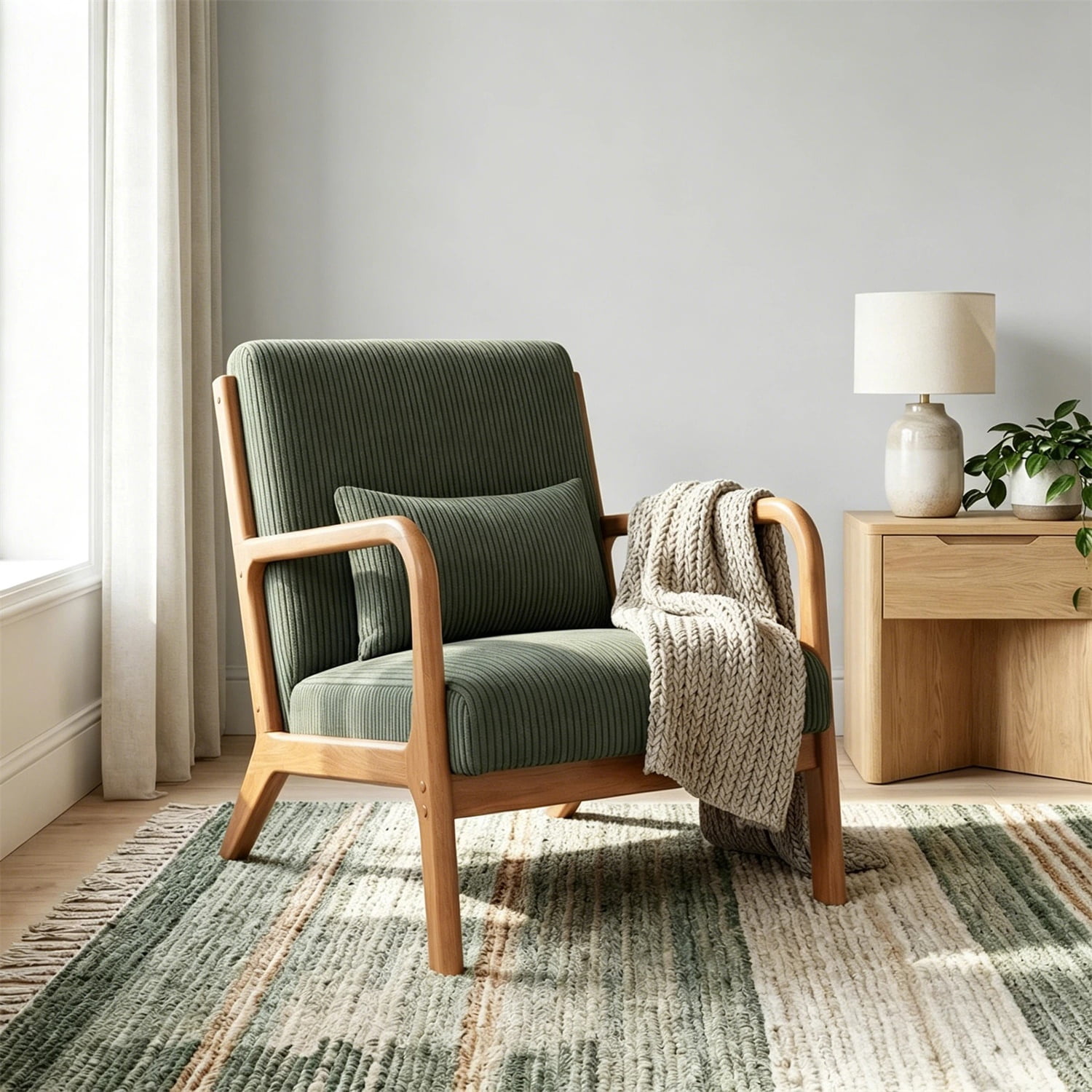 Hommoo Modern Accent Chair, Striped Corduroy Fabric Arm Chair with Solid Wood Frame, Upholstered Comfy Reading Chair for Home, Green