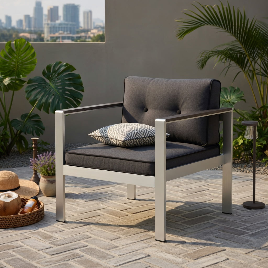 Hommoo Modern Aluminum Outdoor Sofa Chair with WPC Armrests, Olefin Cushions & Ergonomic Support, Lightweight, Weather-Resistant Patio Seating, Gray