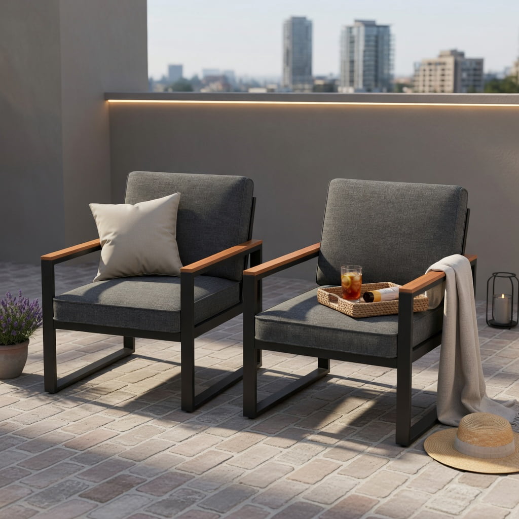 Hommoo Modern Aluminum Patio Armchair Set of 2 with Gray Olefin Cushions, Weather-Resistant, Easy Assembly for Balcony, Backyard & Poolside, Gray