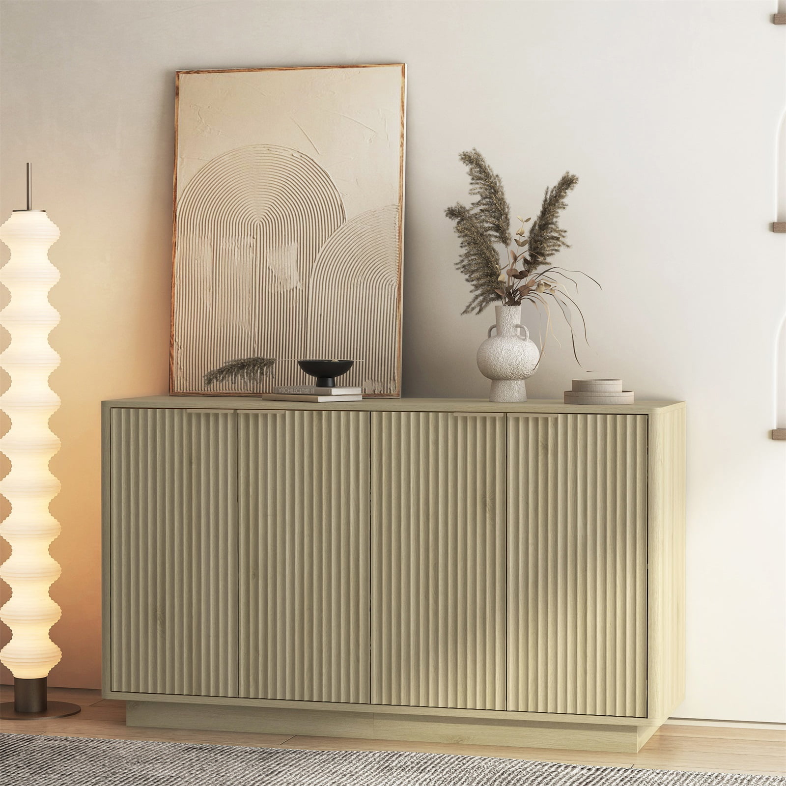 Hommoo Modern Buffet Storage Cabinet, Fluted Sideboard Buffet with Adjustable Shelves, Accent Cabinet Console Table for Living Room, Natural