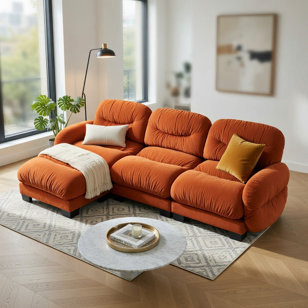 Hommoo Modern Chenille L-Shaped Modular Sectional Sofa with Ergonomic Foam, Curved Armrests, Ottoman & 2 Throw Pillows, 3-Seater Pleated Design, Orange