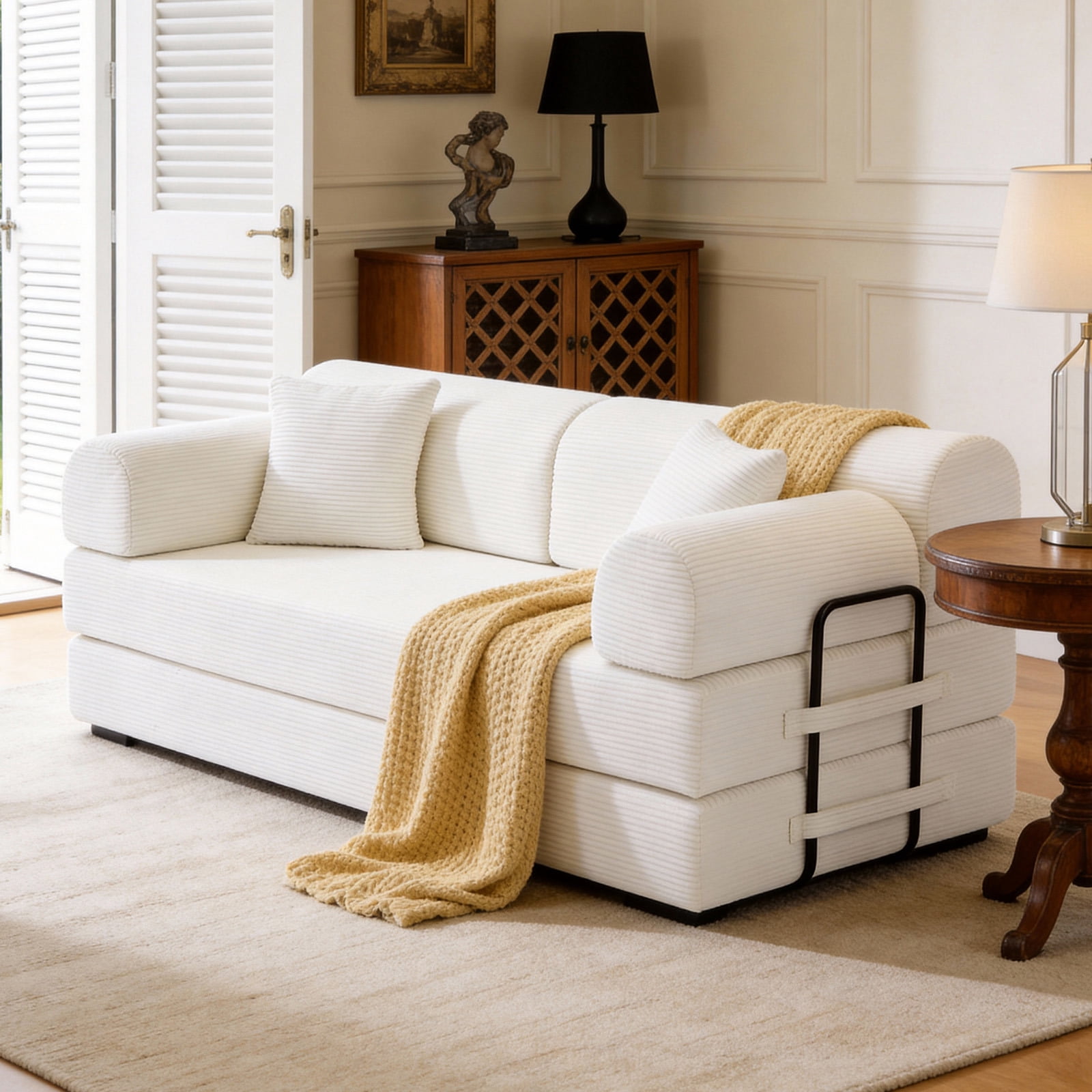 Hommoo Modern Convertible Sleeper Sofa Couch Bed, Compressed Corduroy Fabric Floor Sofa Couch with Fixed-Shape Frame, Beige
