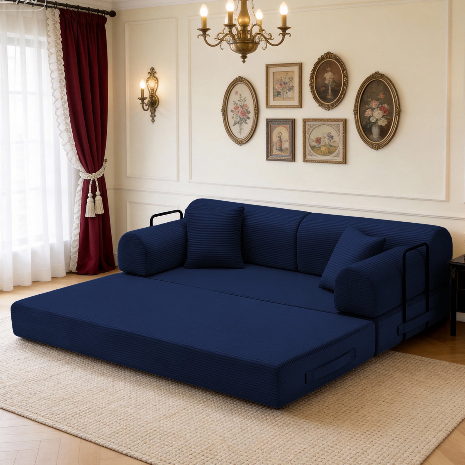 Hommoo Modern Convertible Sleeper Sofa Couch Bed, Compressed Corduroy Fabric Floor Sofa Couch with Fixed-Shape Frame, Blue