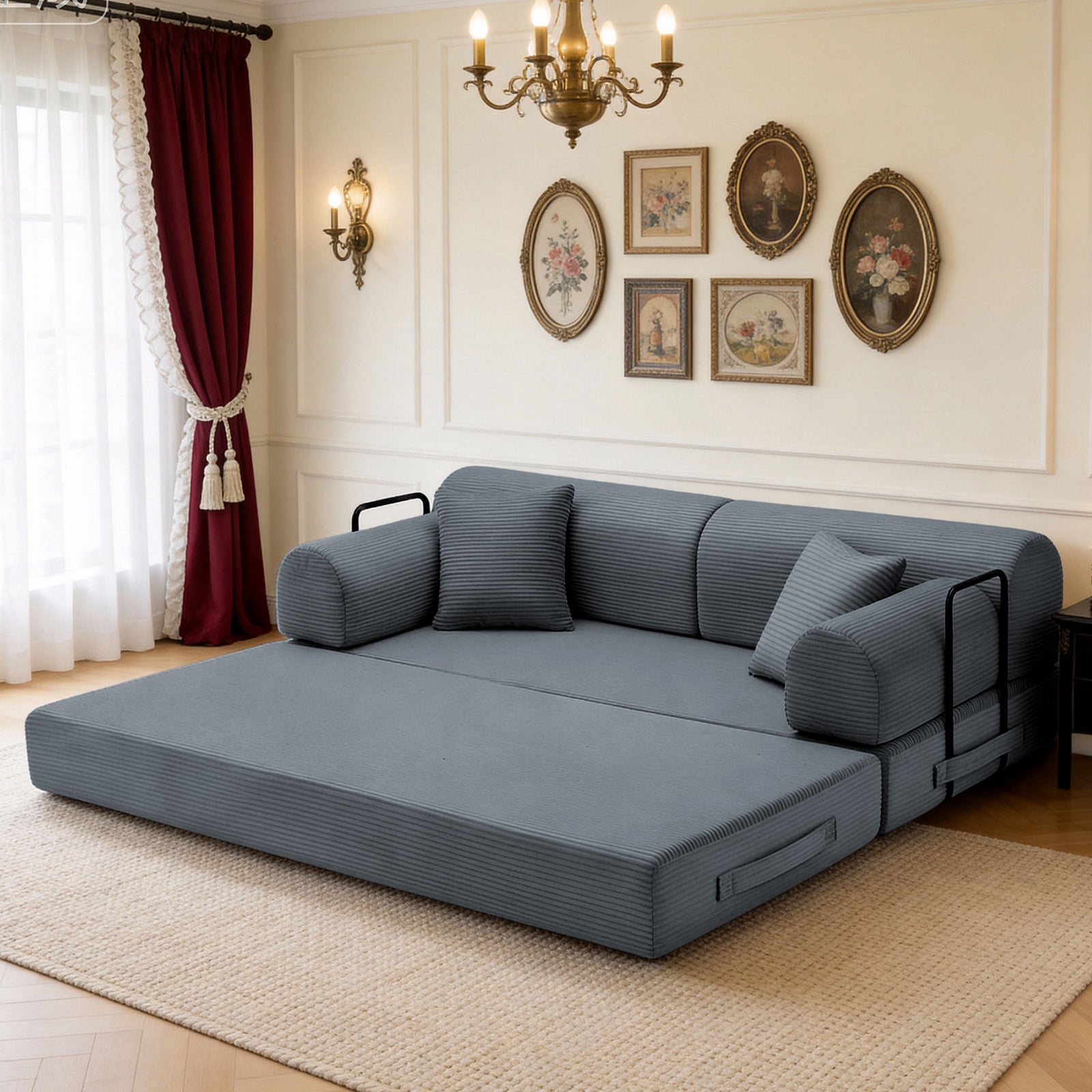 Hommoo Modern Convertible Sleeper Sofa Couch Bed, Compressed Corduroy Fabric Floor Sofa Couch with Fixed-Shape Frame, Dark Gray