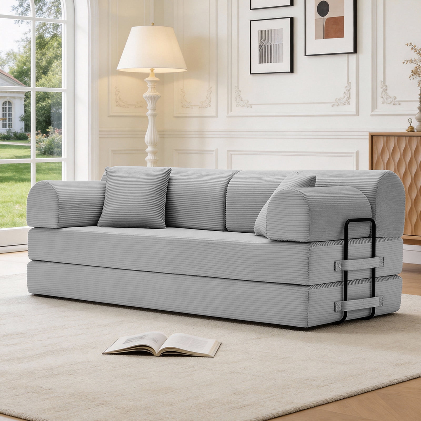 Hommoo Modern Convertible Sleeper Sofa Couch Bed, Compressed Corduroy Fabric Floor Sofa Couch with Fixed-Shape Frame, Light Gray