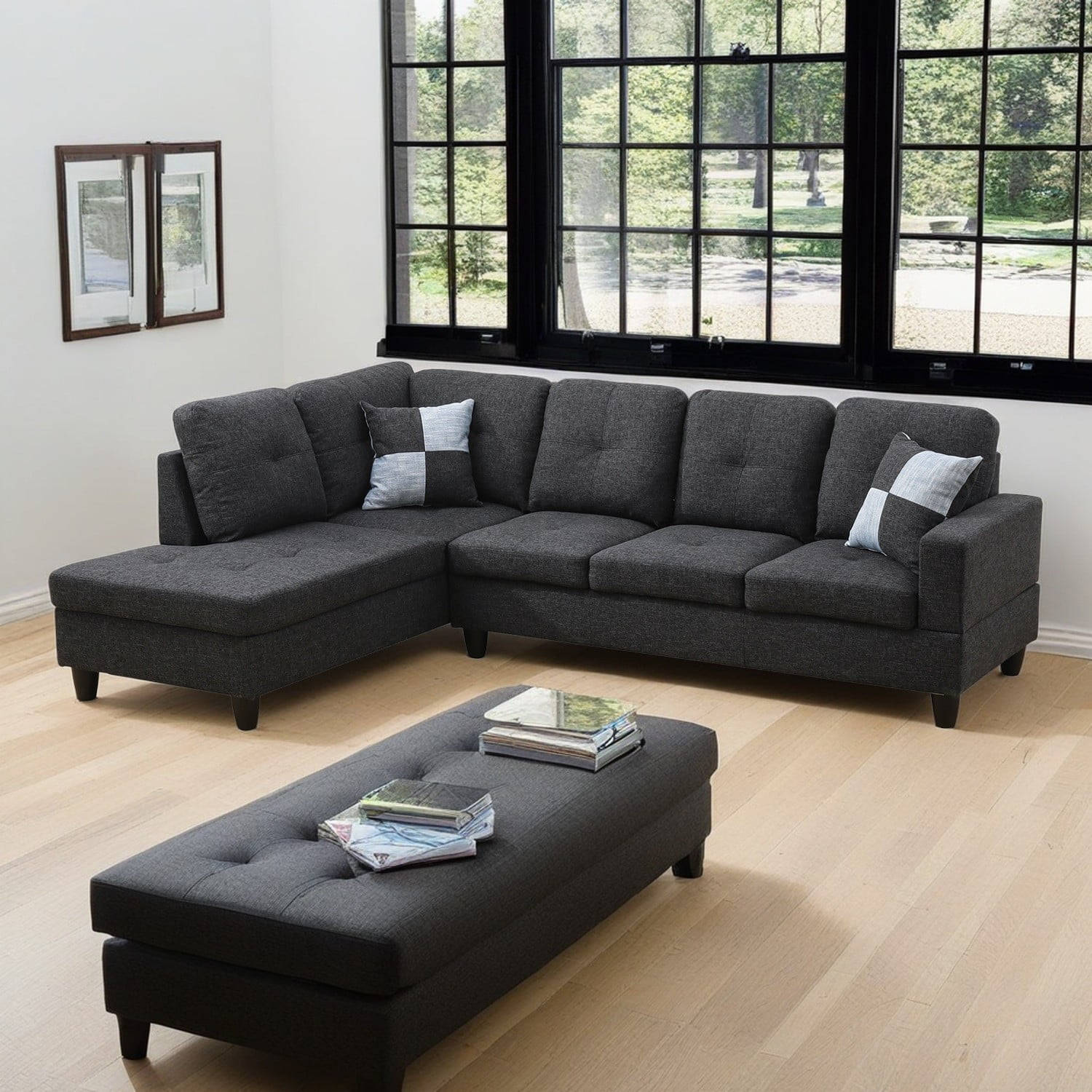 Hommoo Modern Couches and Sofa, Linen Living Room Furniture Set, Sectional Couch Sofa for Living Room, 17.5'' Back Height, Black Grey(No Ottomans)