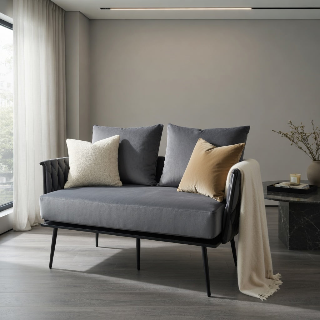 Hommoo Modern Dutch Velvet Loveseat Sofa, Compact 2-Seater Upholstered Couch with Removable Cushions & Metal Legs for Living Rooms, Bedrooms, Apartments, Gray