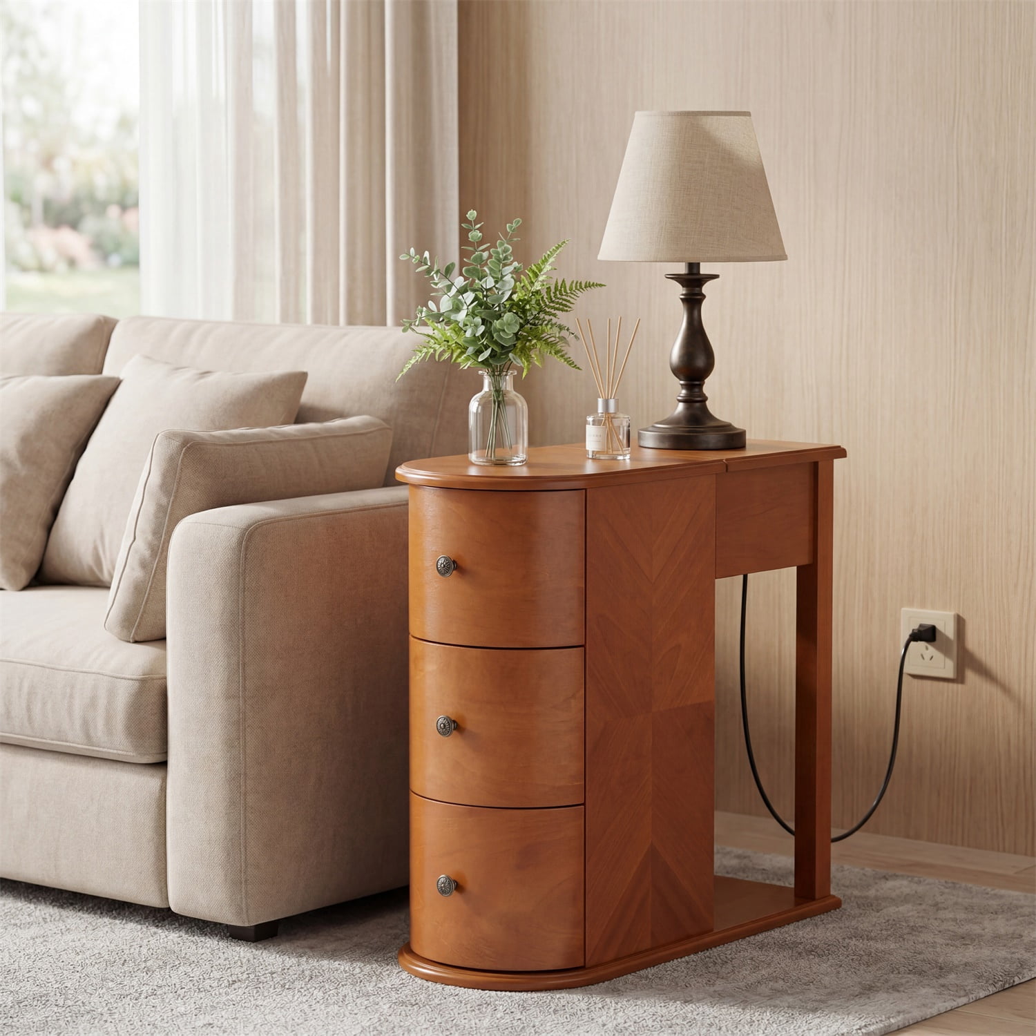 Hommoo Modern End Table with Hidden Dual Cup Holders, Built-in Charging Station, Pull-Out Side Table & 2 Deep Storage Drawers, Space-Saving Bedside Table for Bedroom and Living Room, Walnut