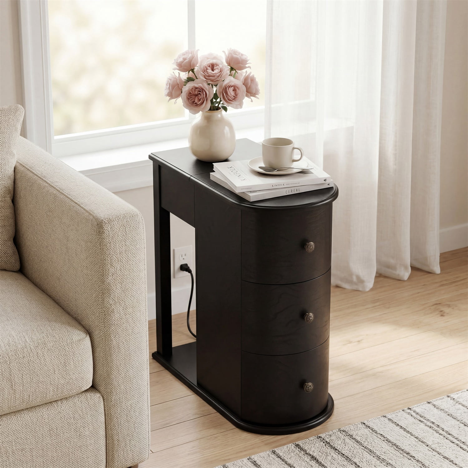 Hommoo Modern End Table with Hidden Dual Cup Holders, Built-in Charging Station, Pull-Out Side Table & 2 Deep Storage Drawers, Space-Saving Bedside Table for Bedroom and Living Room, Black