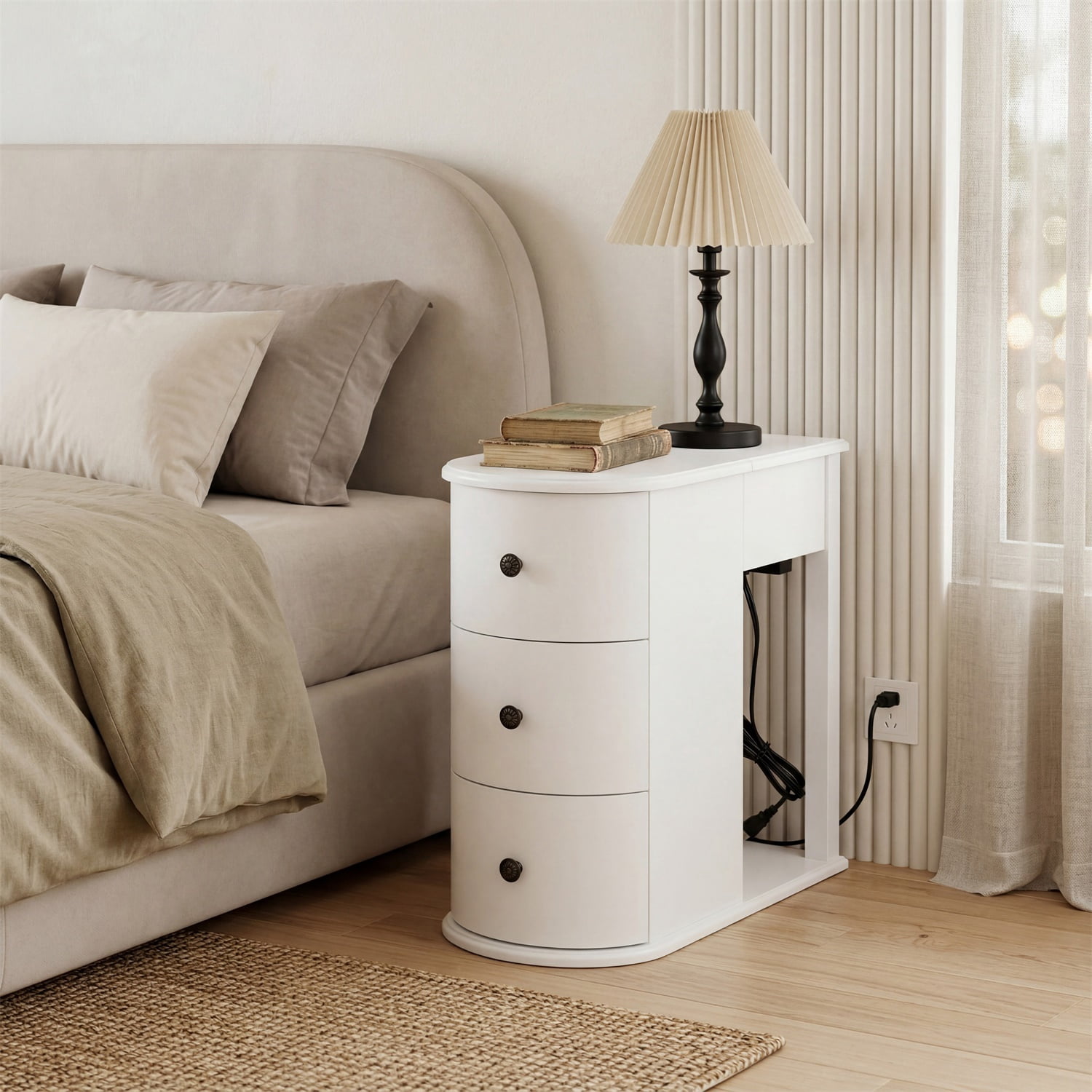 Hommoo Modern End Table with Hidden Dual Cup Holders, Built-in Charging Station, Pull-Out Side Table & 2 Deep Storage Drawers, Space-Saving Bedside Table for Bedroom and Living Room, White