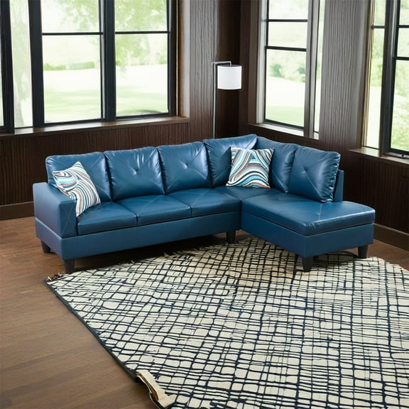 Hommoo Modern Faux Leather 2-Piece Couch Living Room Sofa Set Sectional Couches and Sofas, L-Shaped Sectional Couch Sofa, Deep Blue(No Ottoman)