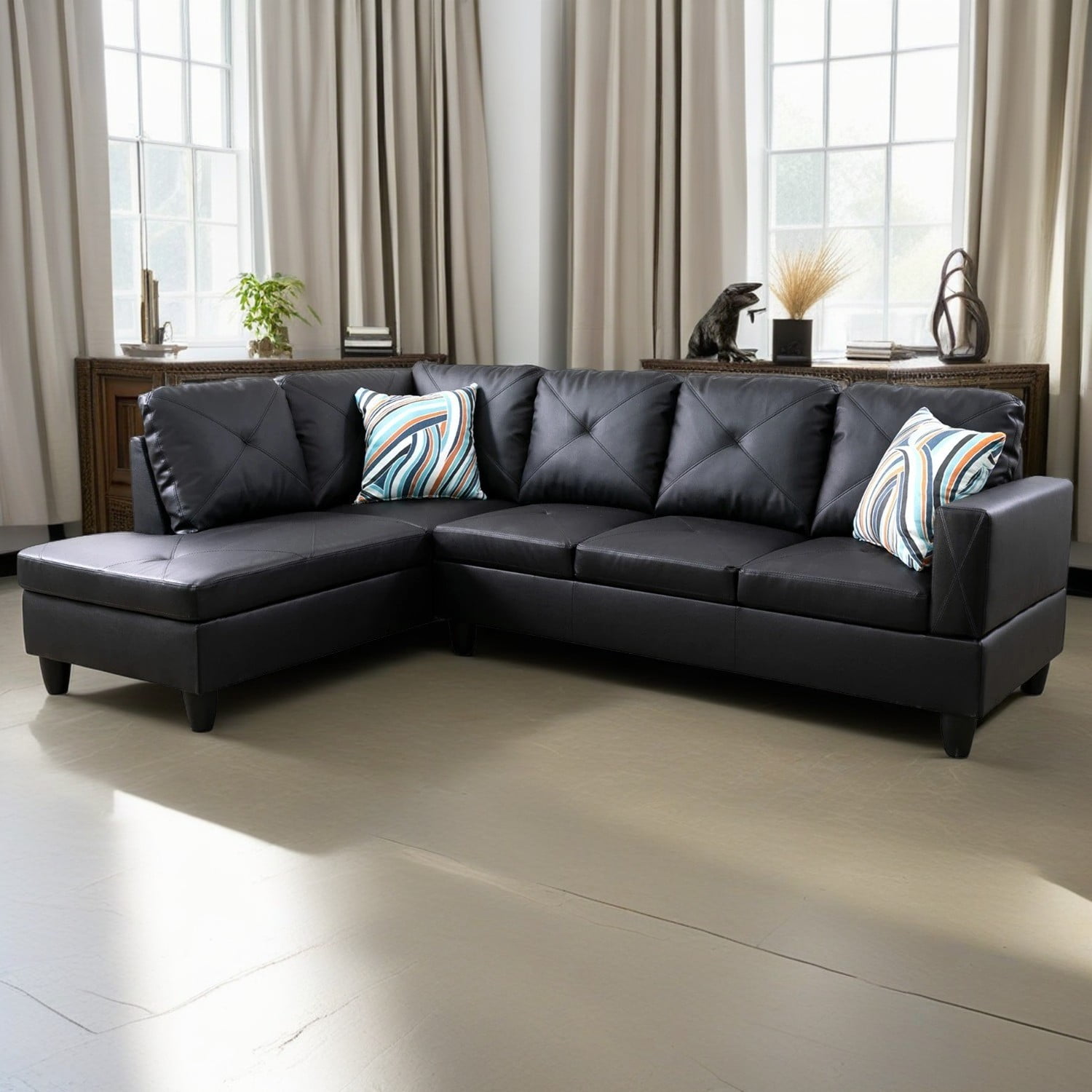 Hommoo Modern Faux Leather L Shaped Couches and Sofas Model, 4 Seat Sectional Sofa Living Room Furniture Sets for Home, Black(No Ottomans)