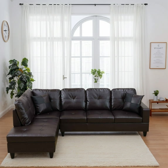 Hommoo Modern Faux Leather Sectional Couch and Sofa Set, L Shaped Sectional Sofa with 17.5" Back Height, Living Room Furniture Sets, Brown(No Ottoman)