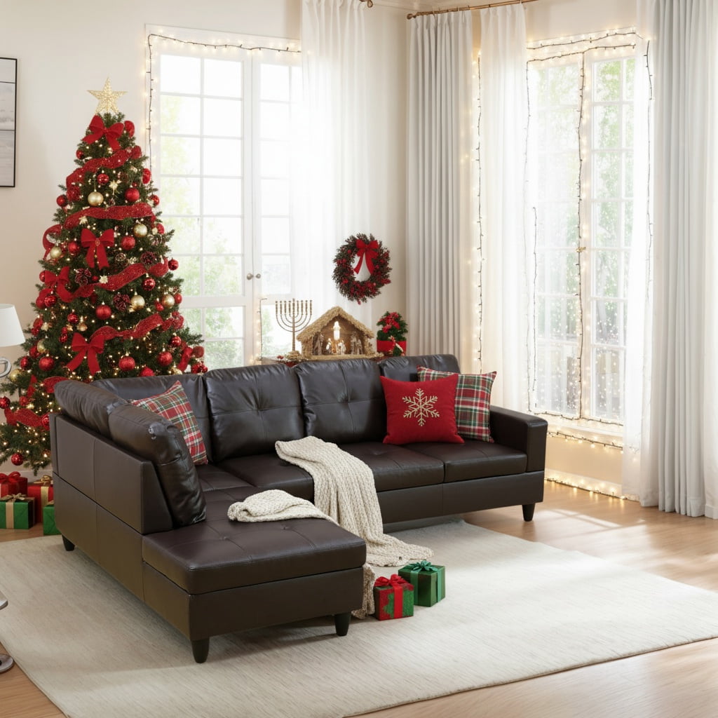 Hommoo Modern Faux Leather Sectional Couch and Sofa Set, L Shaped Sectional Sofa, Living Room Furniture Sets, Brown(No Ottoman)