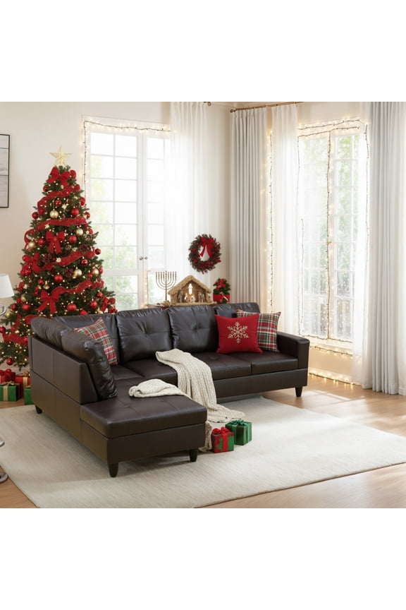 Modern Faux Leather Sectional Couch and Sofa Set, L Shaped Sectional Sofa, Living Room Furniture Sets, Brown(No Ottoman)