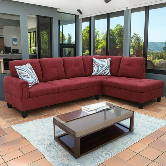 Hommoo Modern Flannel L-Shaped Sectional Couch Sofa, Living Room Furniture Sets Sectional Couches and Sofas, Red(No Ottoman)