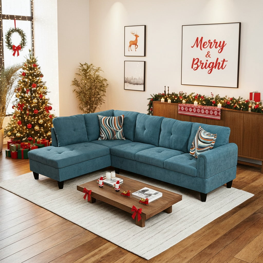 Hommoo Modern Flannel Living Room Furniture Sets Sectional Couches and Sofas, L-Shaped Sectional Couch Sofa, Green(No Ottoman)