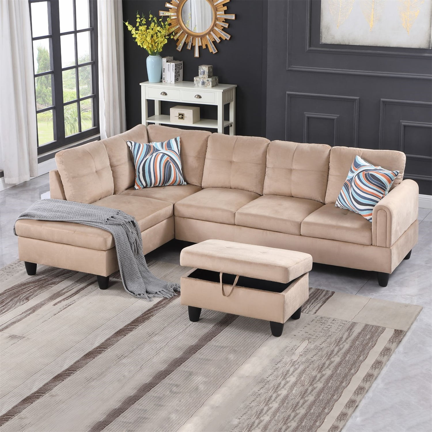Hommoo Modern Flannel Living Room Furniture Sets Sectional Couches and Sofas, L-Shaped Sectional ...